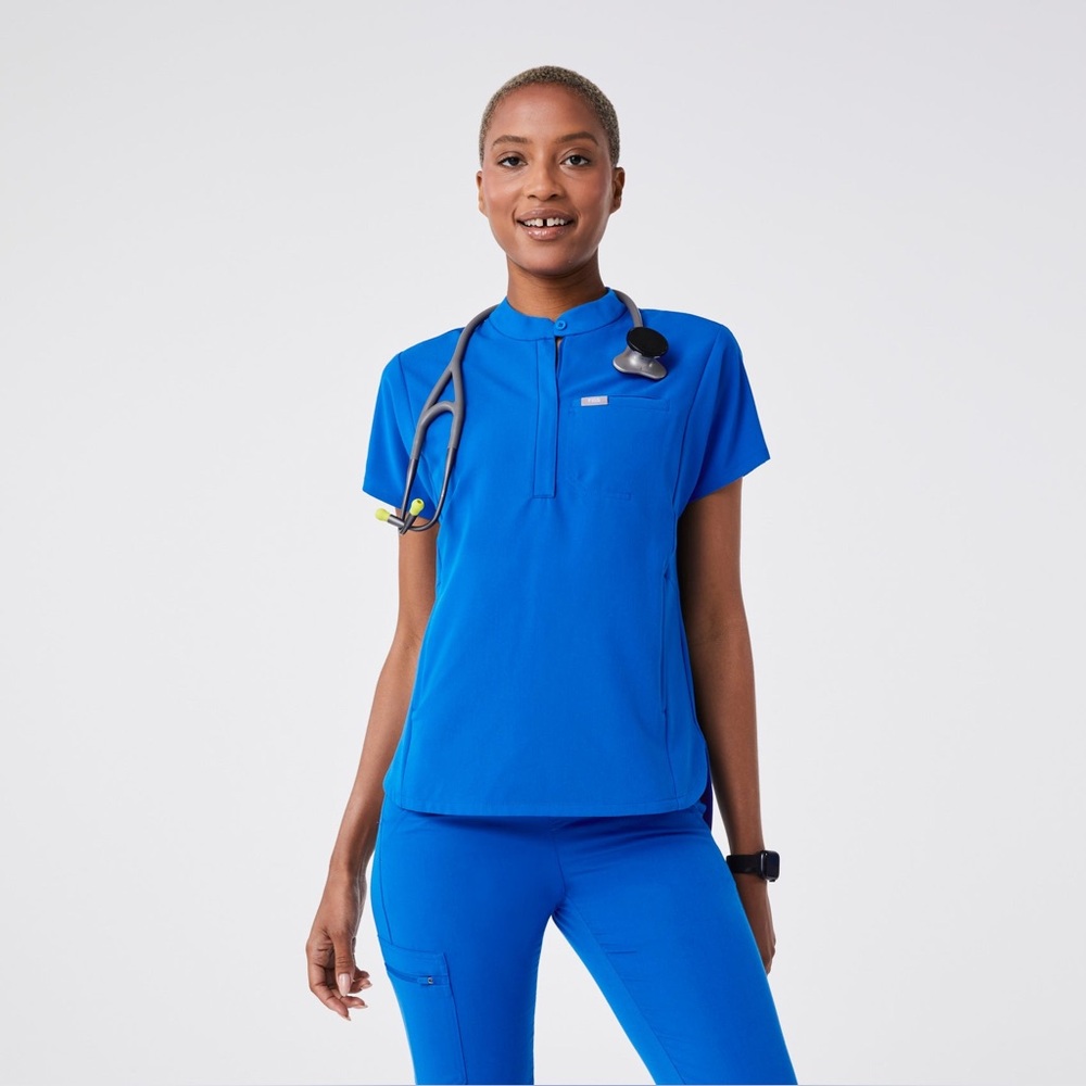 Figs Women's Royal Blue Mock Neck Medical Scrub Top